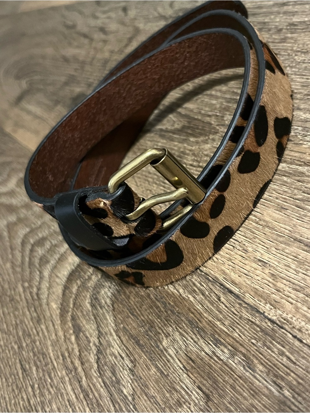 J.Crew Leopard Print Hair Calf Leather Belt Antique Gold Buckle Style 16000